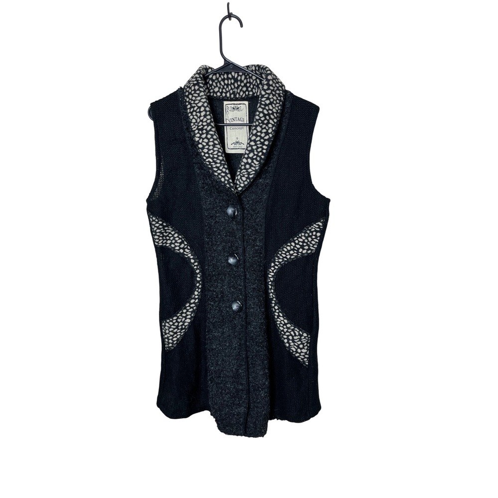 Vintage Concept Wool Mohair Blend Black Button Front Sleeveless Knit Vest Size S